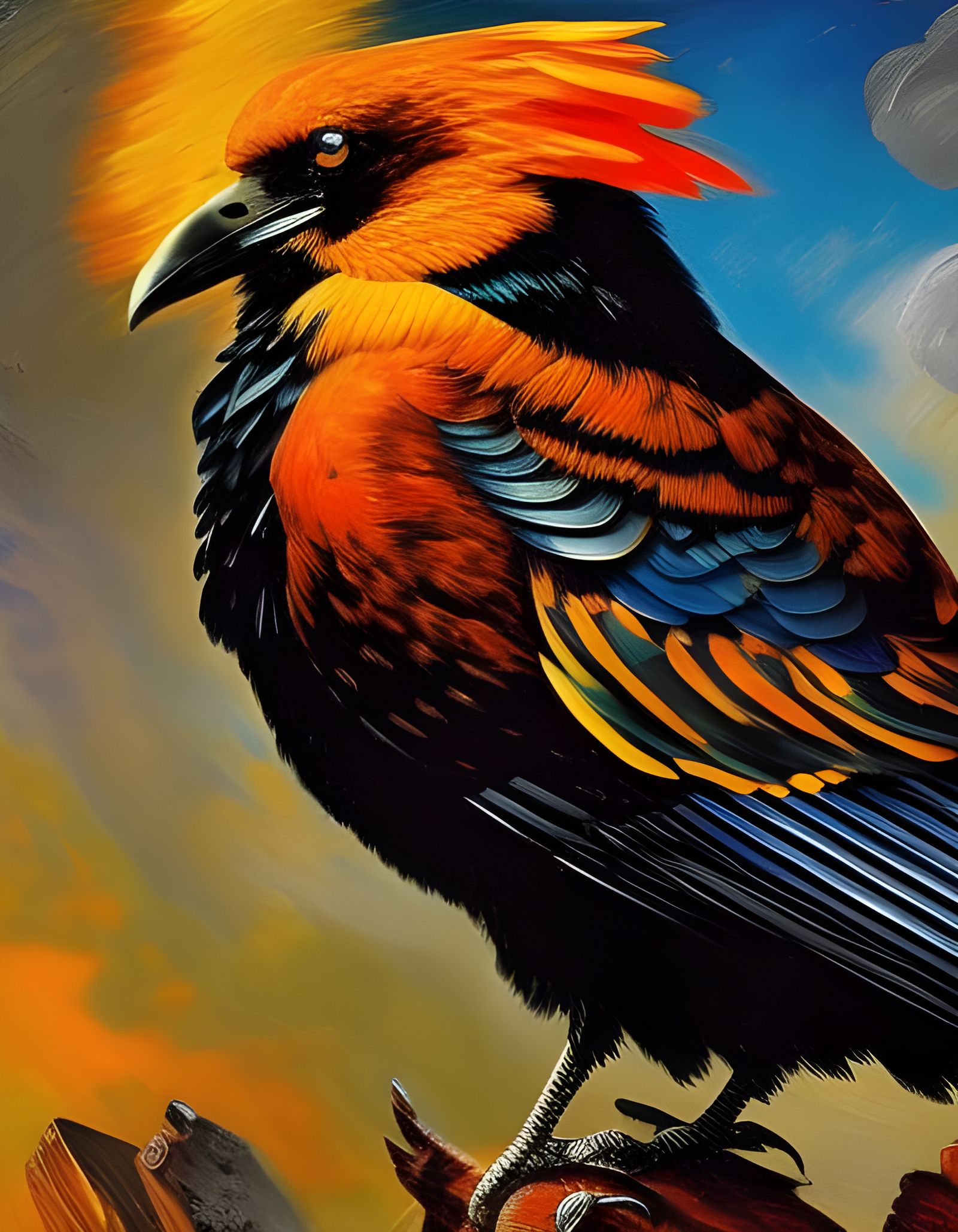 Cyberpunk Autumn Raven with Leaf Feathers