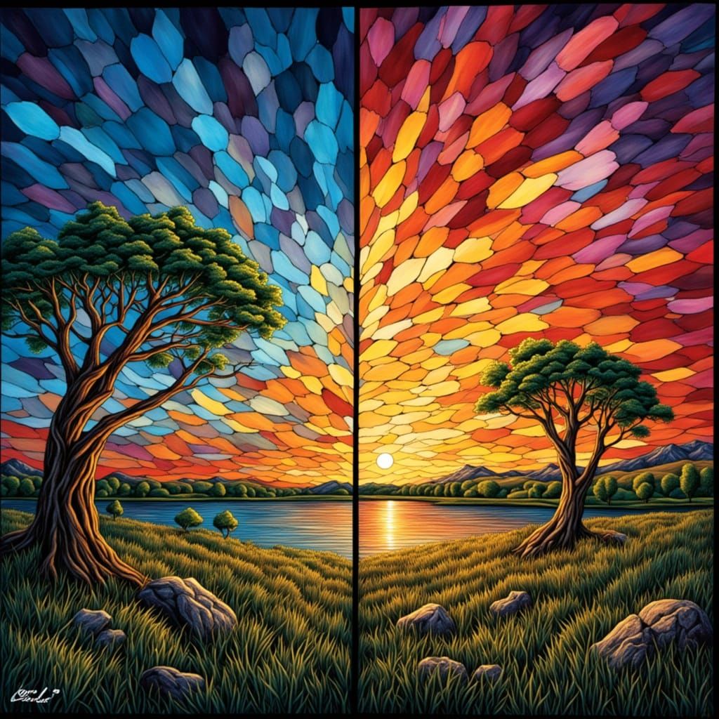 Stained Glass: Night and Sunset Landscapes