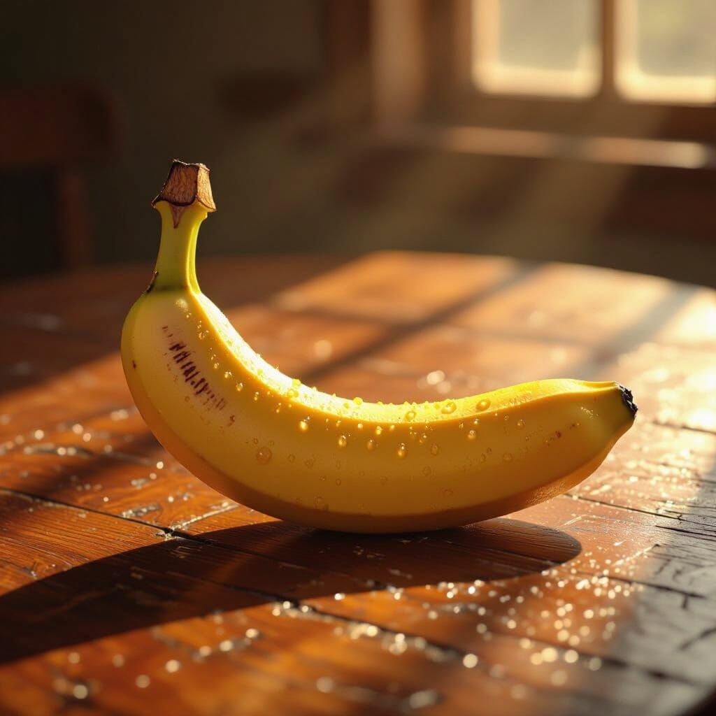 Hyperrealistic Banana on Wooden Table in Warm Sunlight