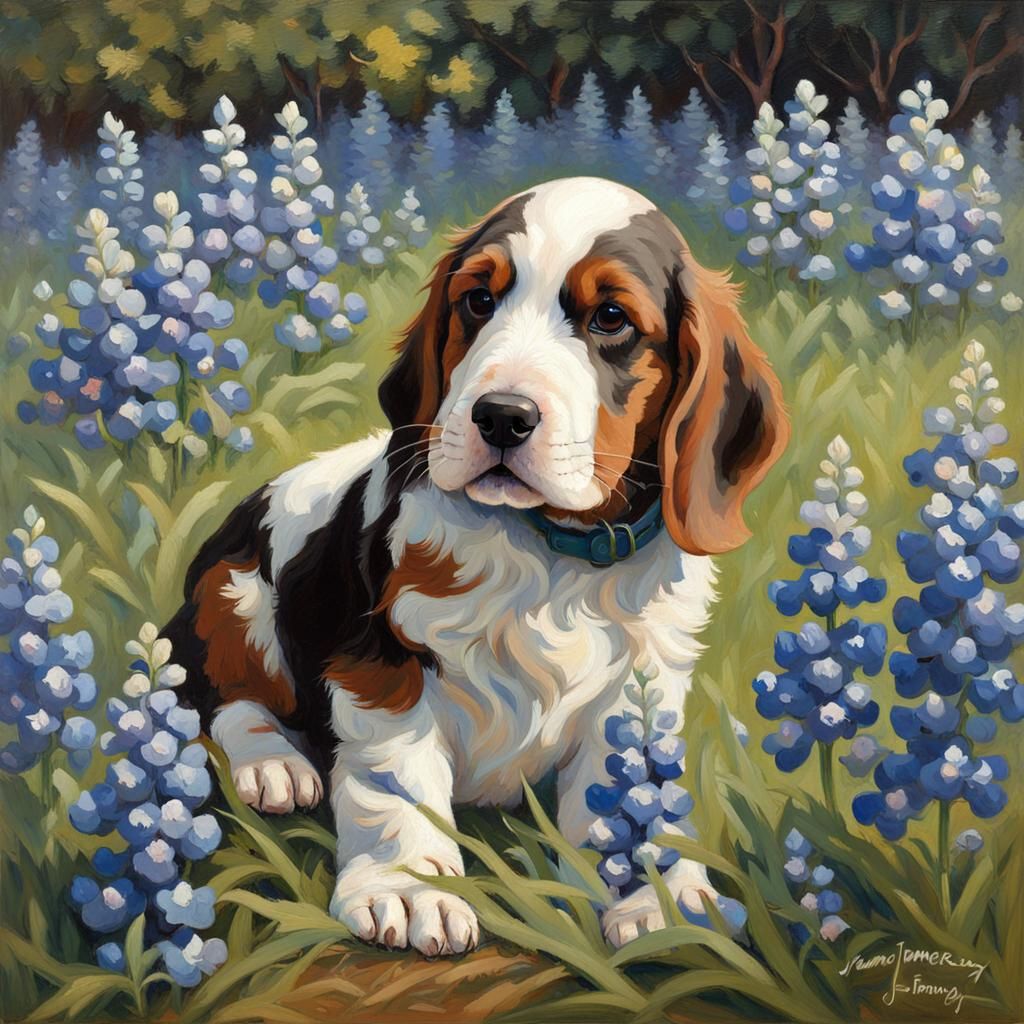 Basset Hound Puppy in Bluebonnets: Rococo Oil Painting