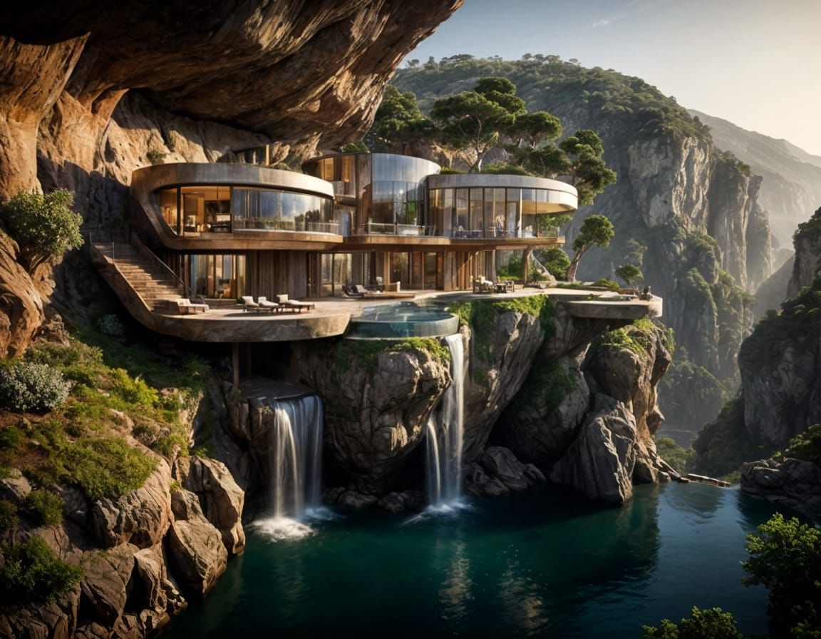 Cliffside House with Waterfall: Architectural Marvel