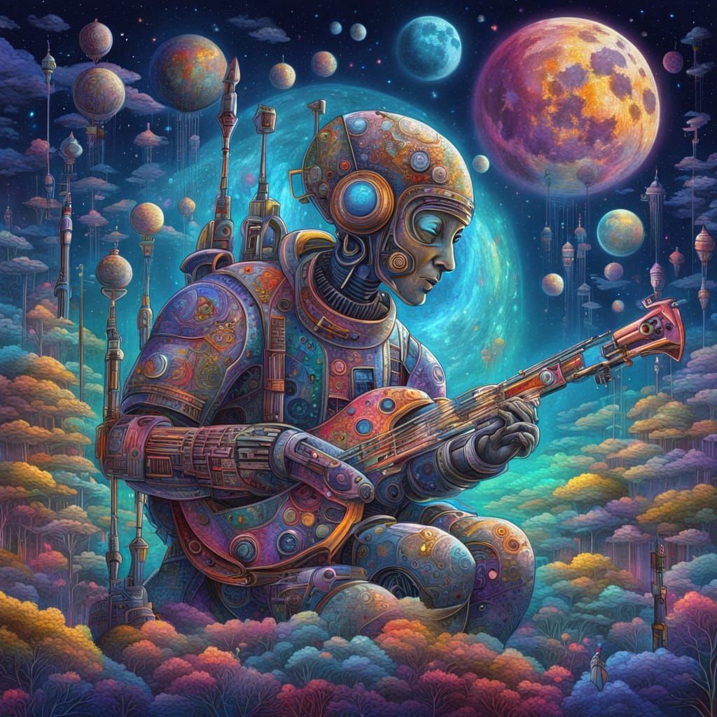 Cosmic Bassoon Spaceship in Vibrant Holographic Illustration