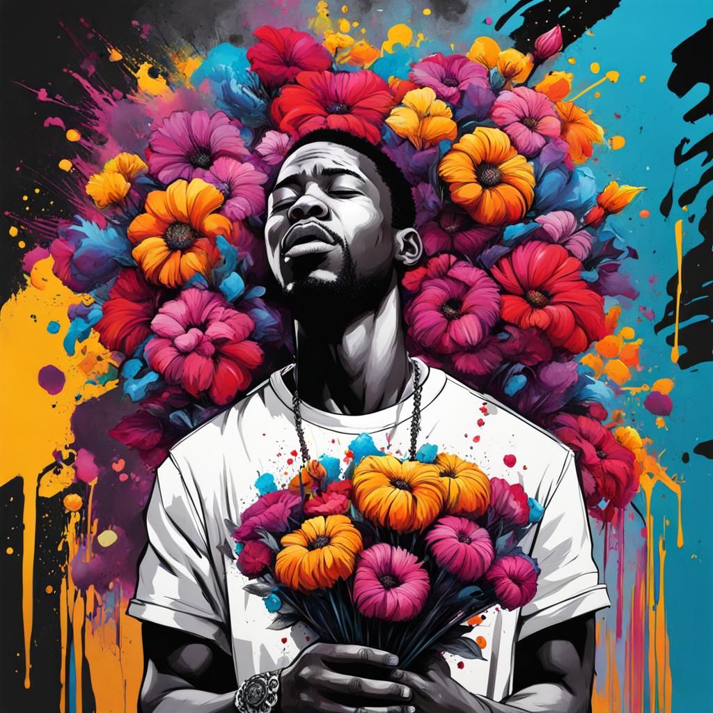 Sketch of a Man Crying with Flowers