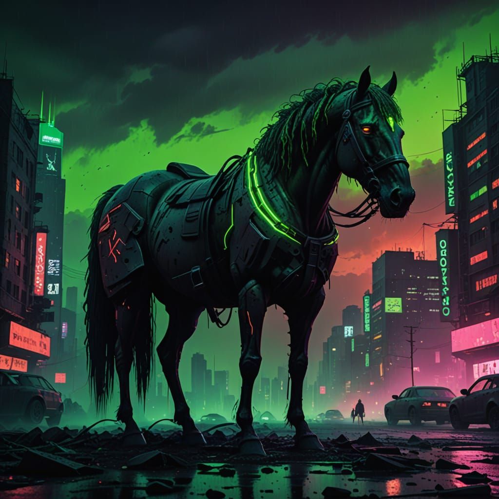 Cyberpunk Stallion Defies Ruin in Neon-Lit City