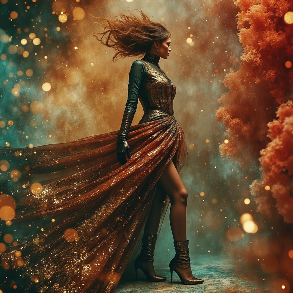 Voluptuous Woman in Metallic Armor Gown with Big Hair