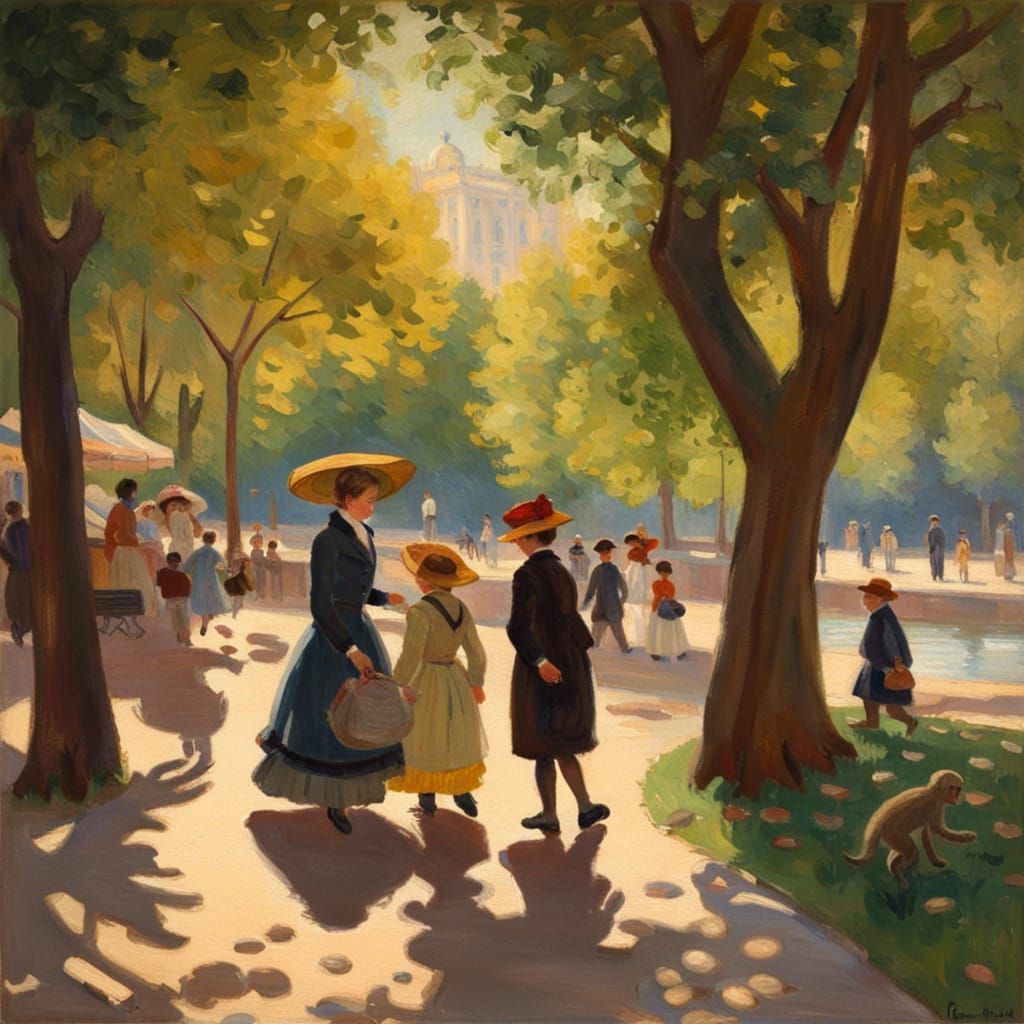 Impressionistic Parisian Park Scene with Promenading People