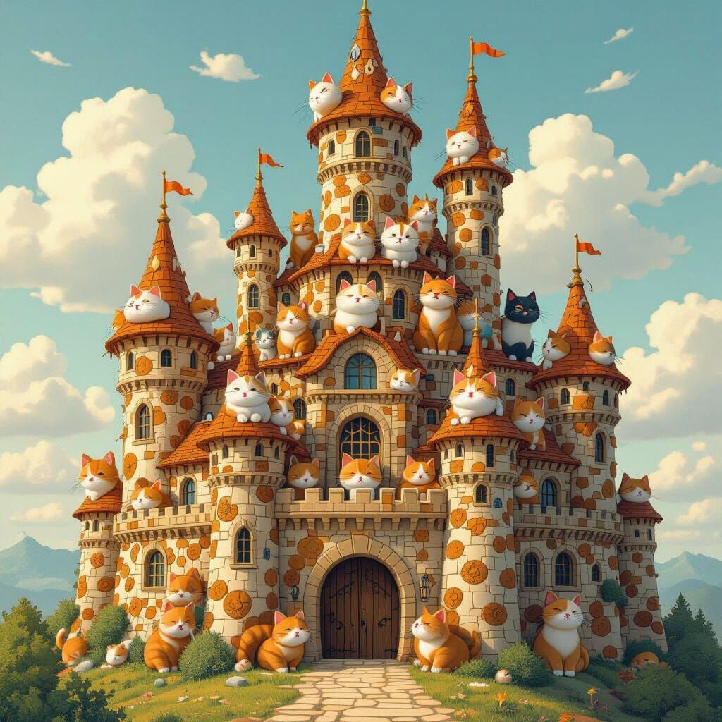 Majestic Cat Castle in Whimsical Anime Style