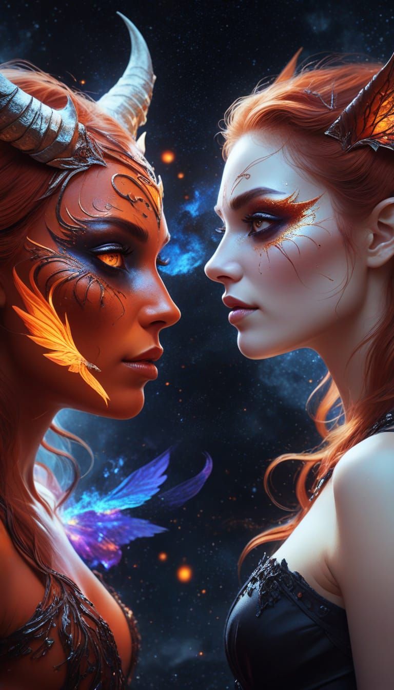 dramatic encounter between a formidable Demoness and a delic...