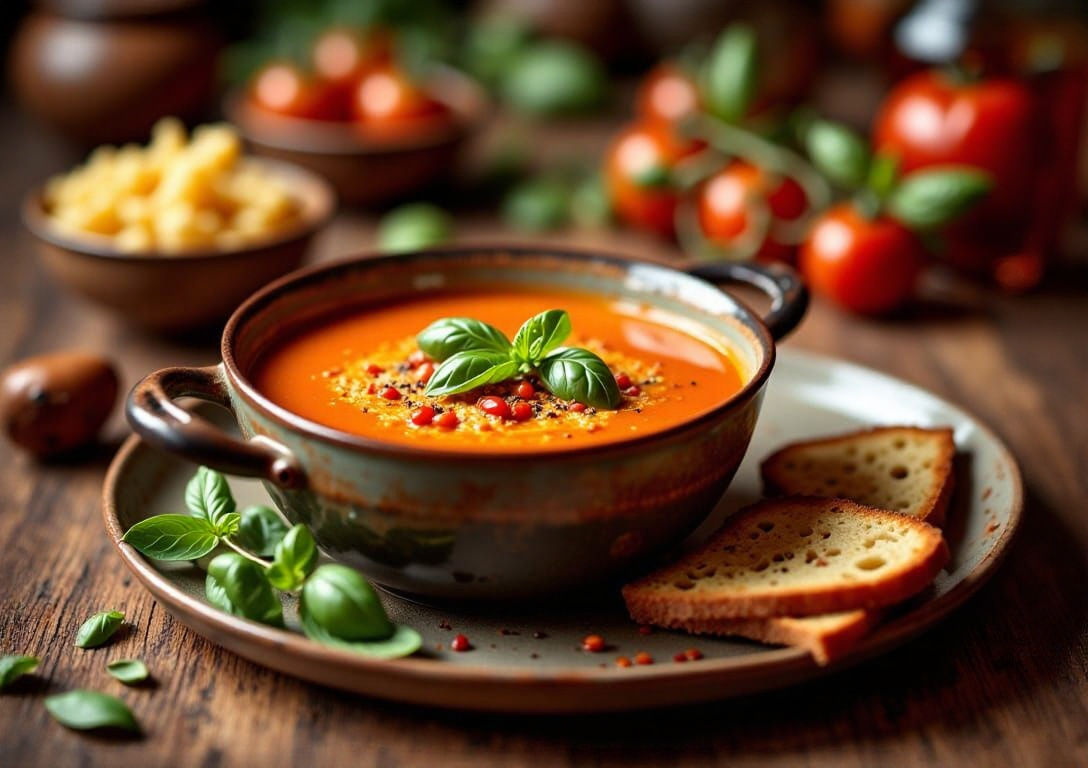 Creamy Tomato Soup with Basil and Garlic Bread in Watercolor...