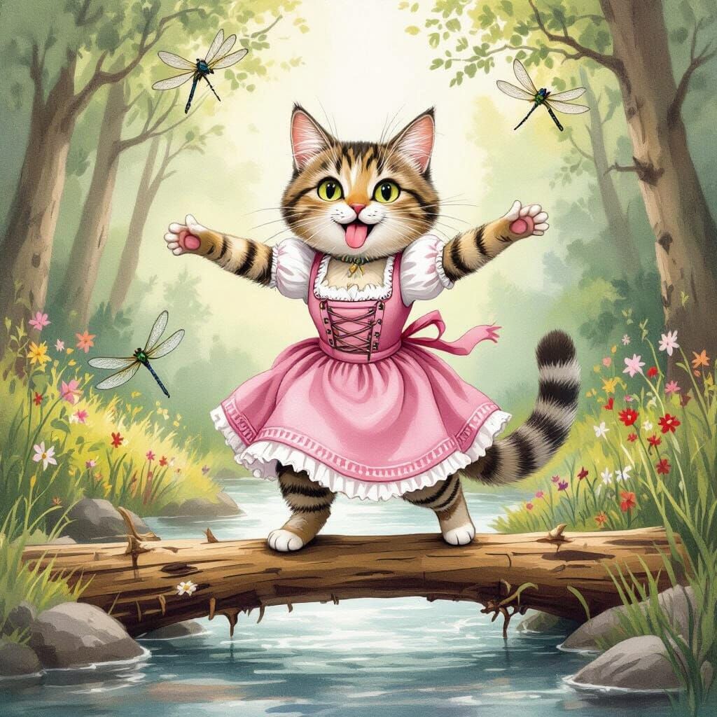 Cat Balances on Log in Watercolor Illustration