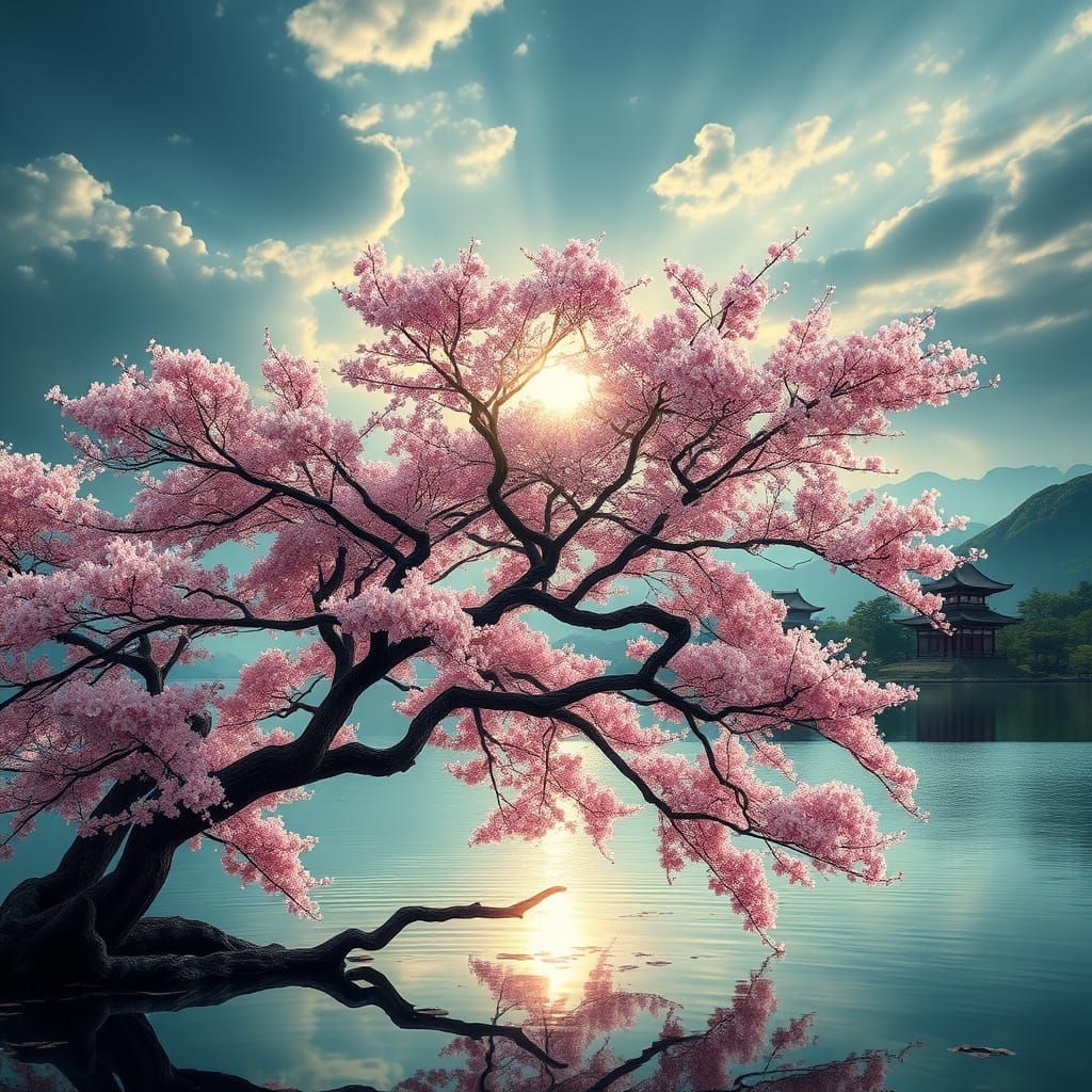 Ancient Sakura Tree by Lake with Temples