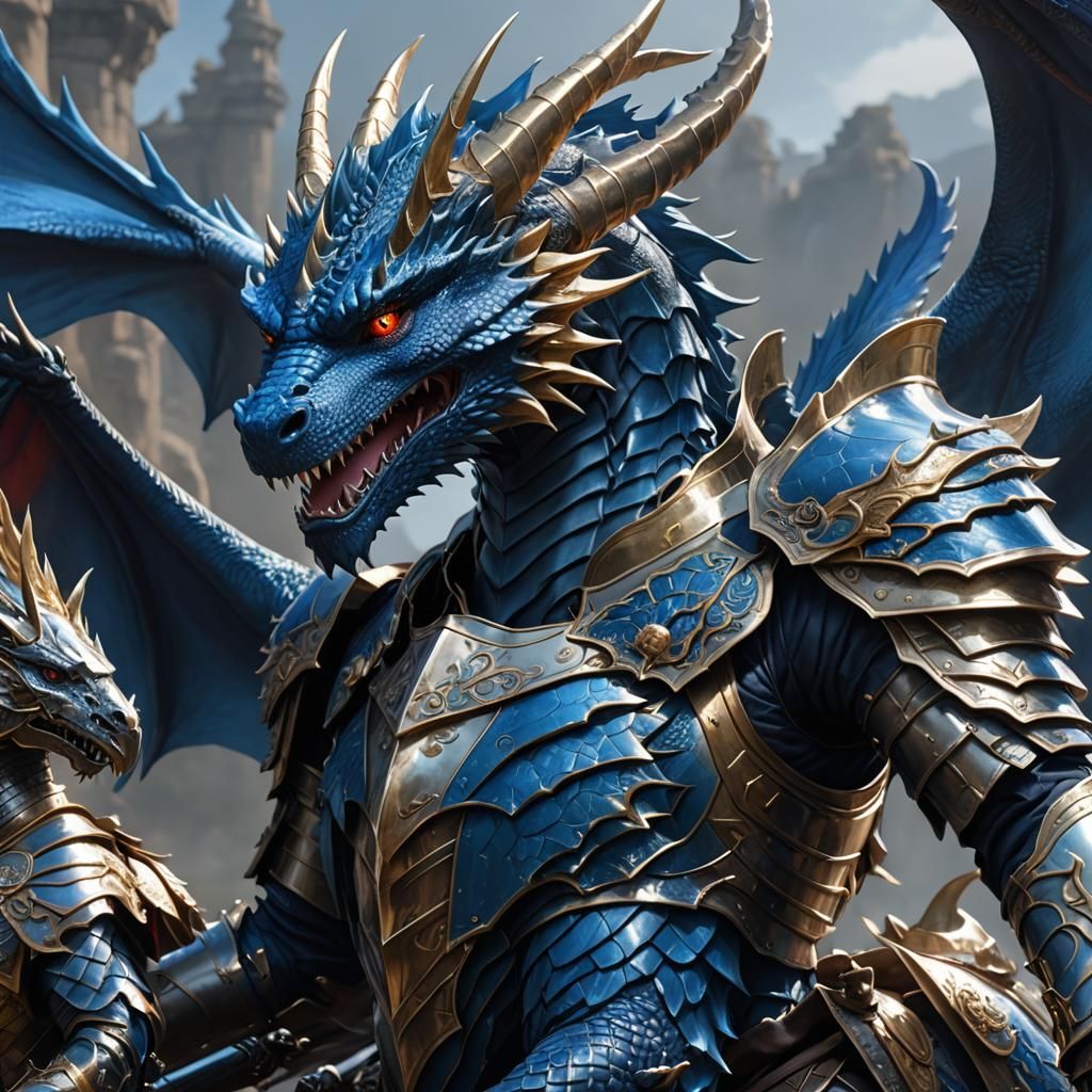 Blue Dragon and Knight in Hyperrealistic Anime Art