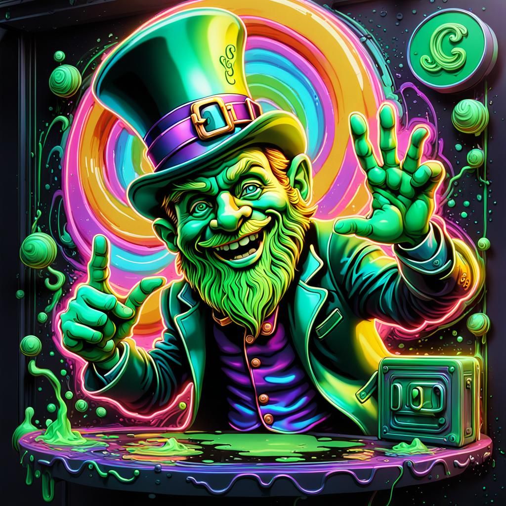 Psychedelic Neon Leprechaun Sign in Futuristic 3D Art
