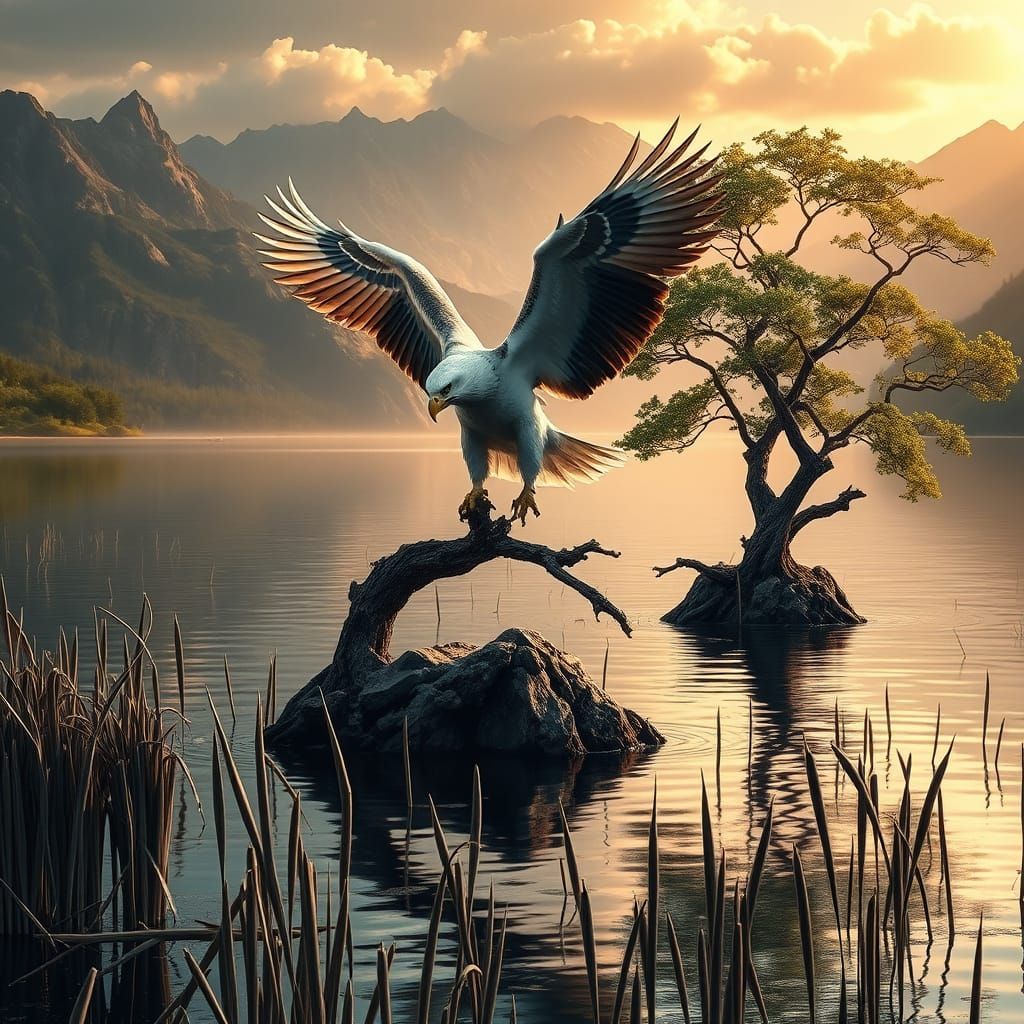Majestic Bald Eagle Takes Flight Over Serene Lake Landscape