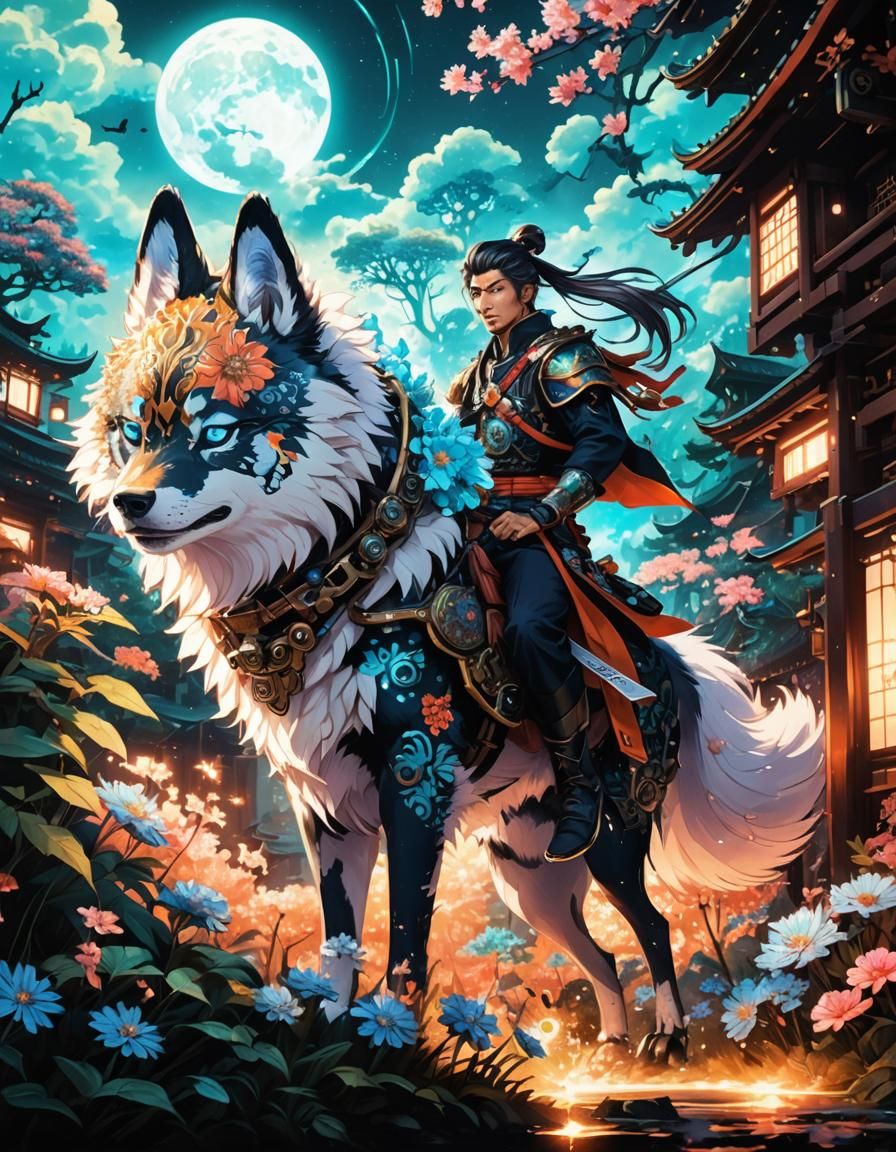Steampunk Samurai Rides Shiba Inu in Bioluminescent Forest