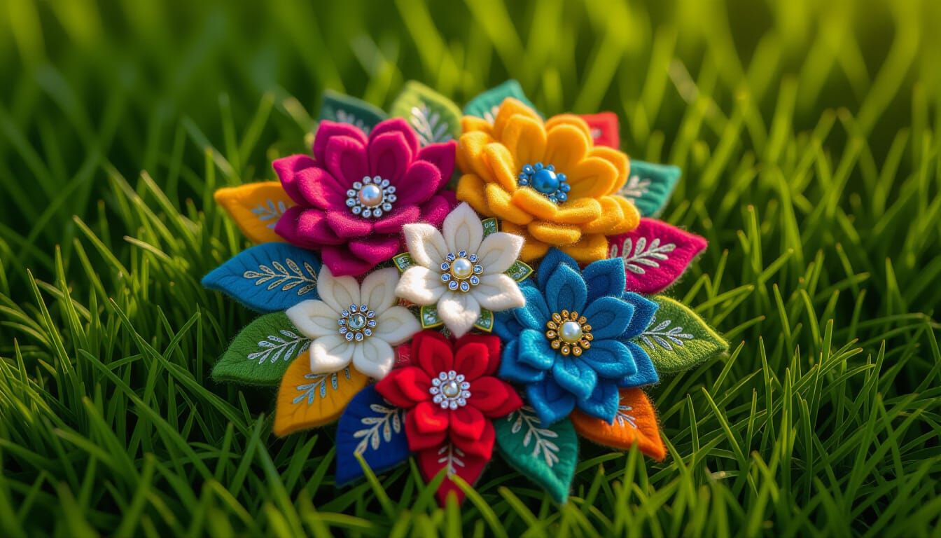 Boho Brooch with Wool Flowers in Folk Art Style
