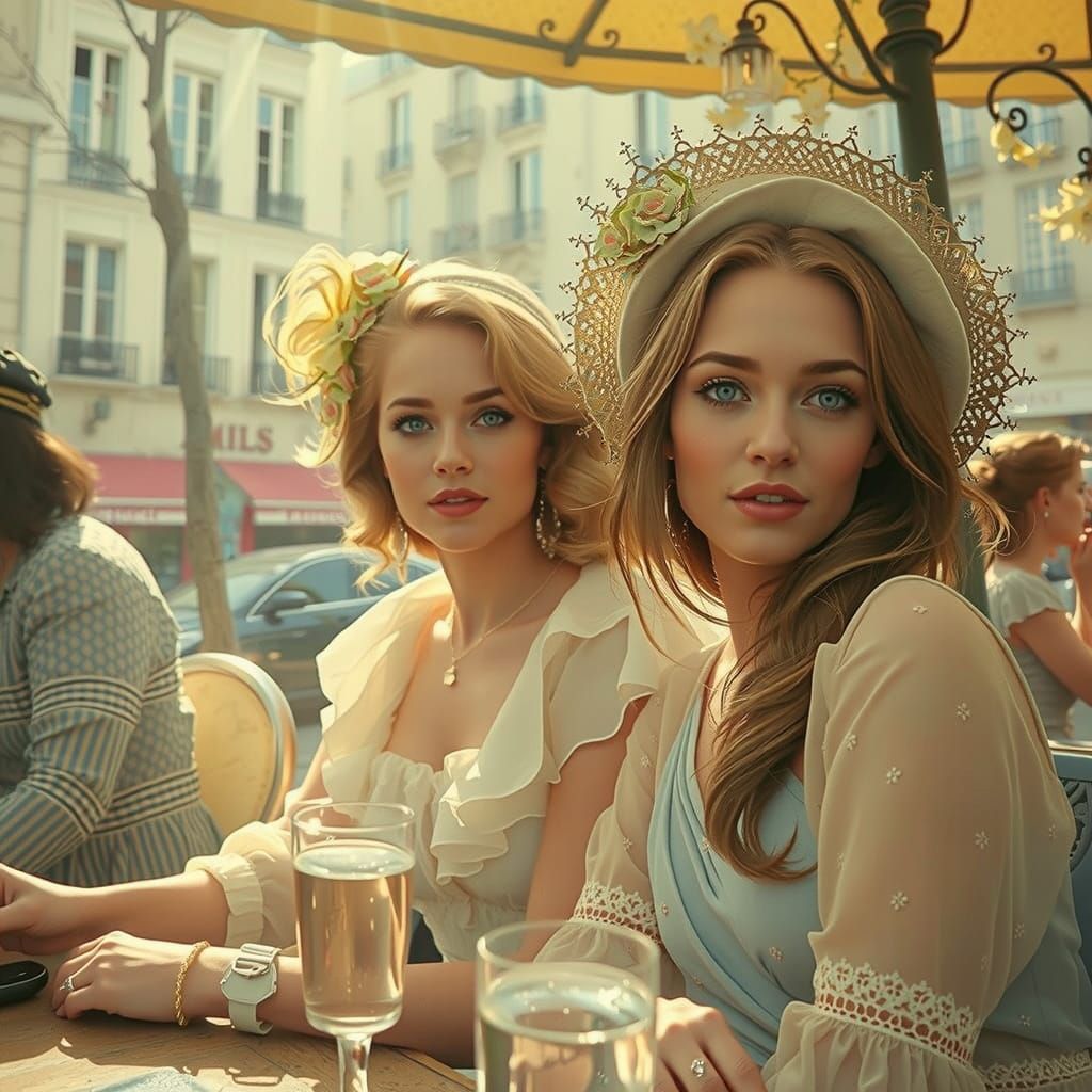 Blonde Women in 19th-Century Parisian Café, Soft Focus, HDR,...