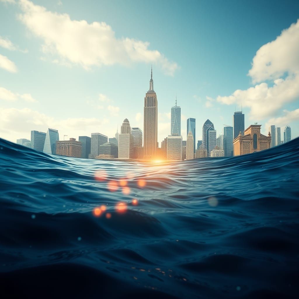 Submerged Metropolis with Golden Light