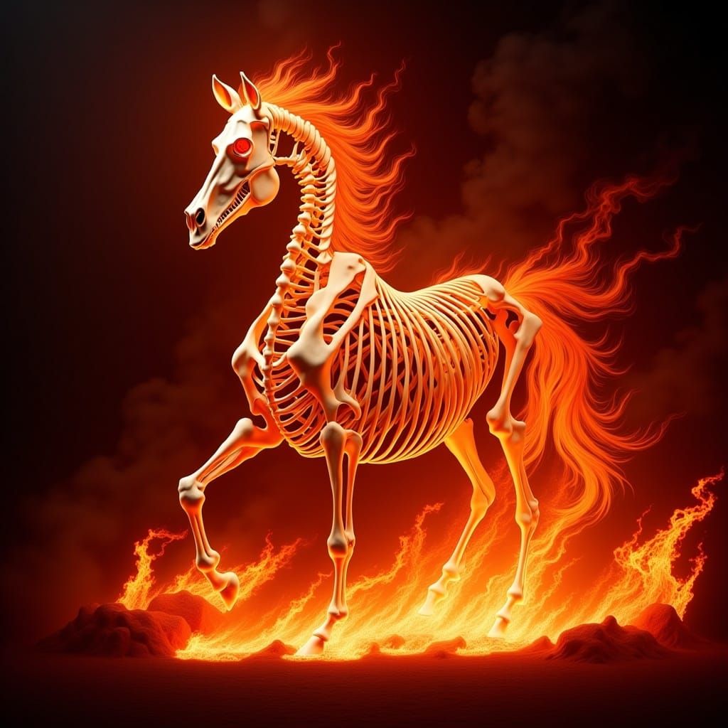 Fiery Horse Skeleton Emerges in Digital Art