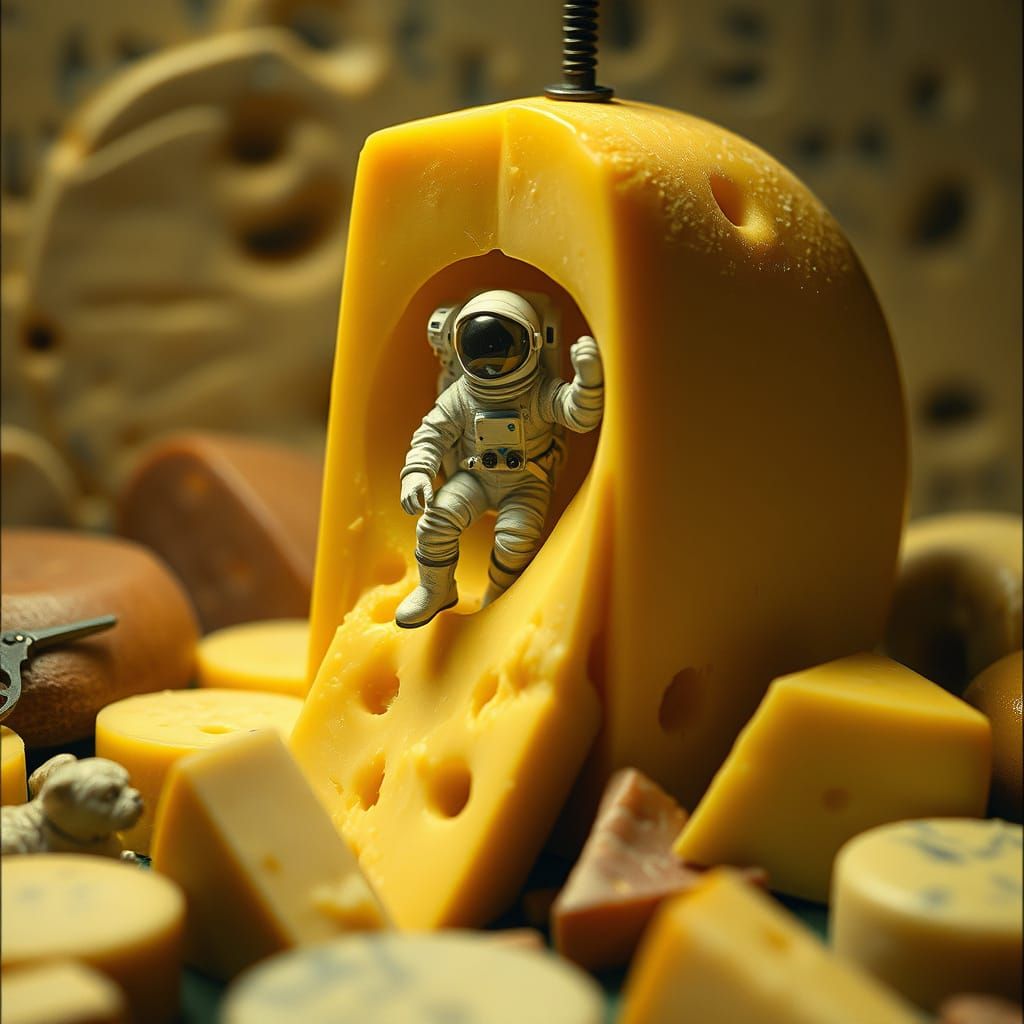 Astronaut Among Cheddar Wonders in a Vintage Cheese Bell