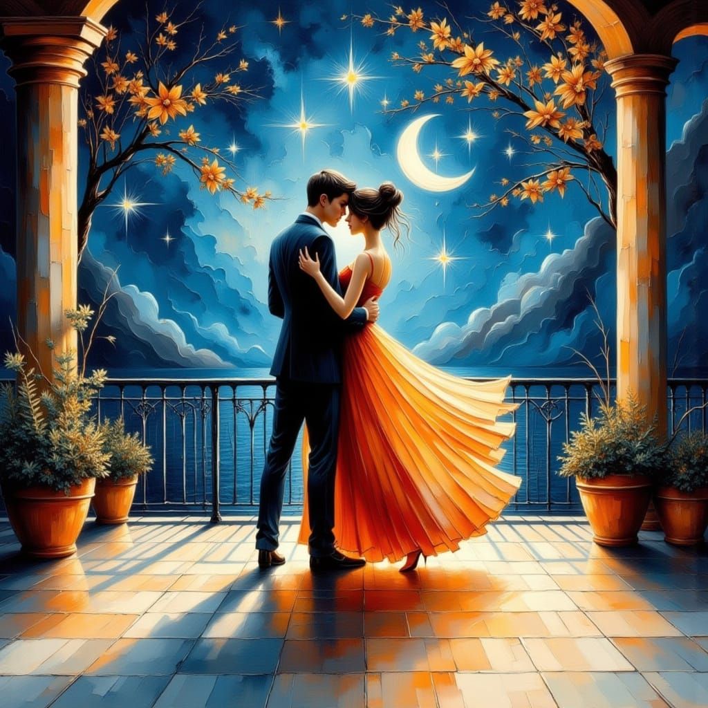 Lesbian Couple Dancing Under Stars in Watercolor