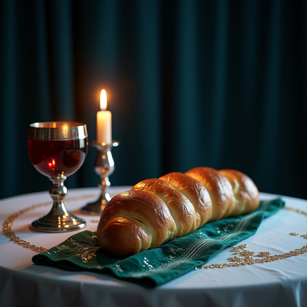 Mystical Shabbat Table with Silver and Emerald Details
