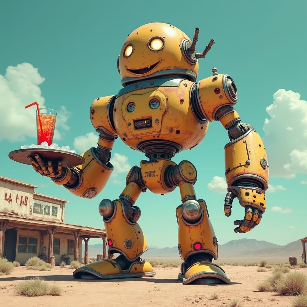 Gigantic Robot in Post-Apocalyptic Desert Landscape with Ice...