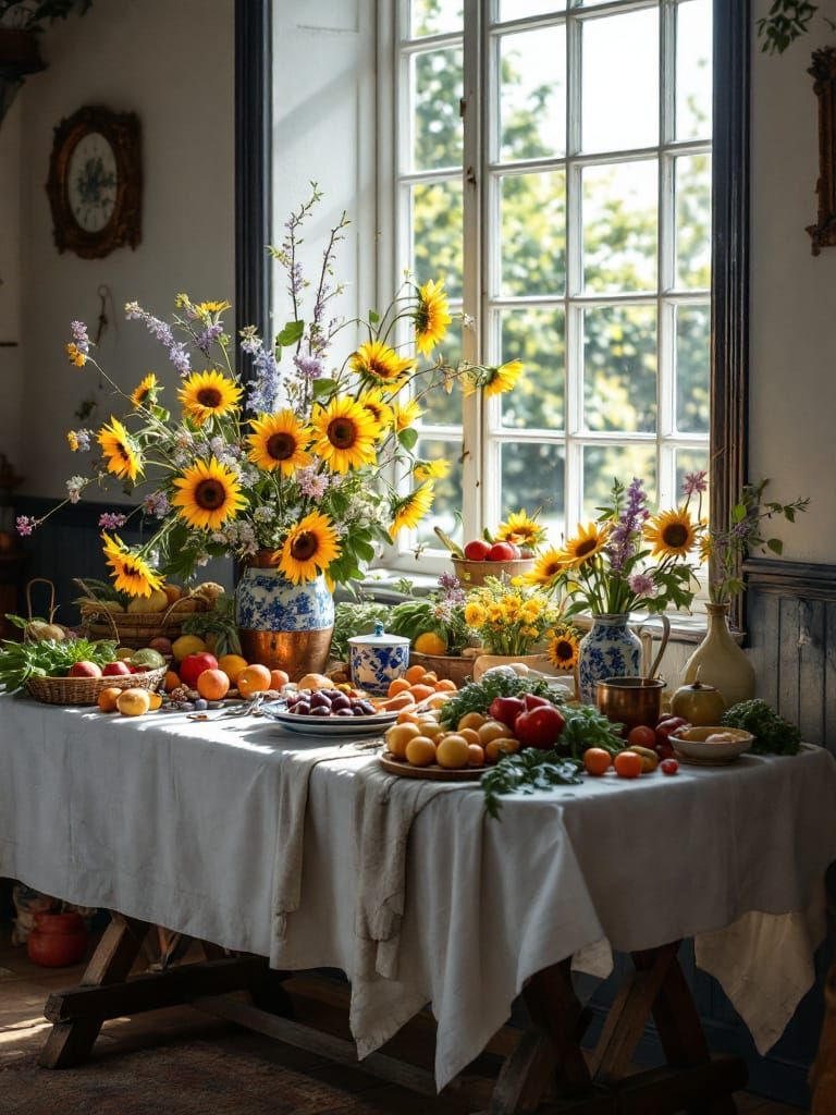Spring Flowers and Sunflowers by Window in Hyperreal Style
