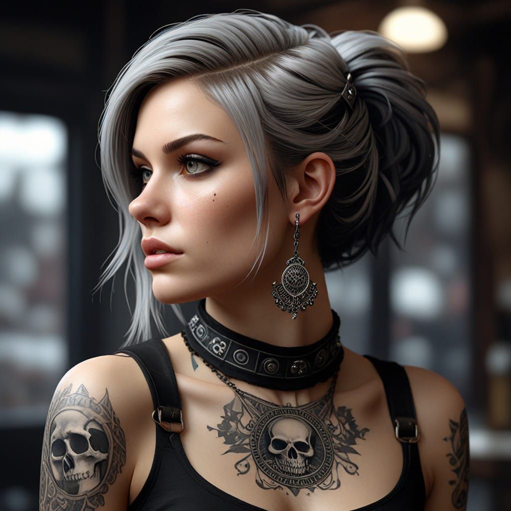 Edgy Gothic Woman with Intricate Tattoos and Piercings
