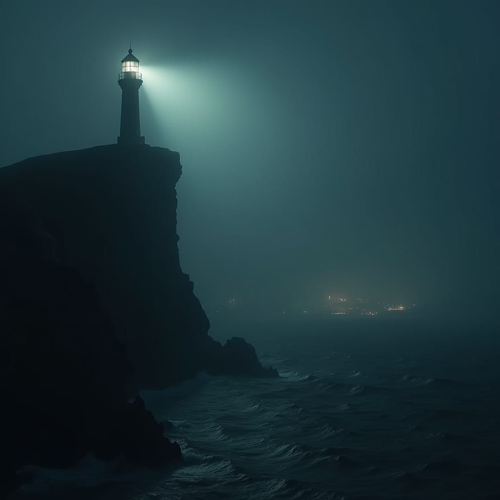 Lighthouse Beam Cuts Through Noir Fog Over Churning Sea