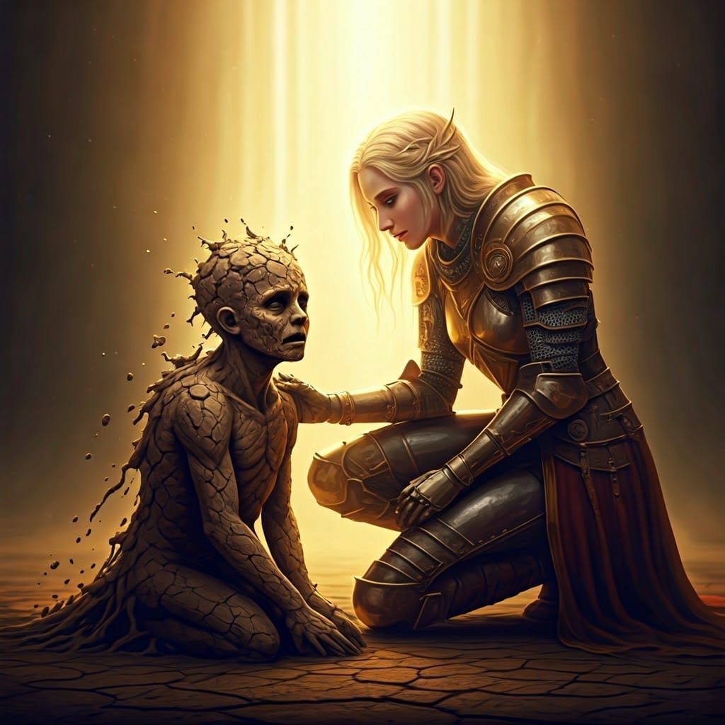 Fantasy Paladin Assists Earth Creature