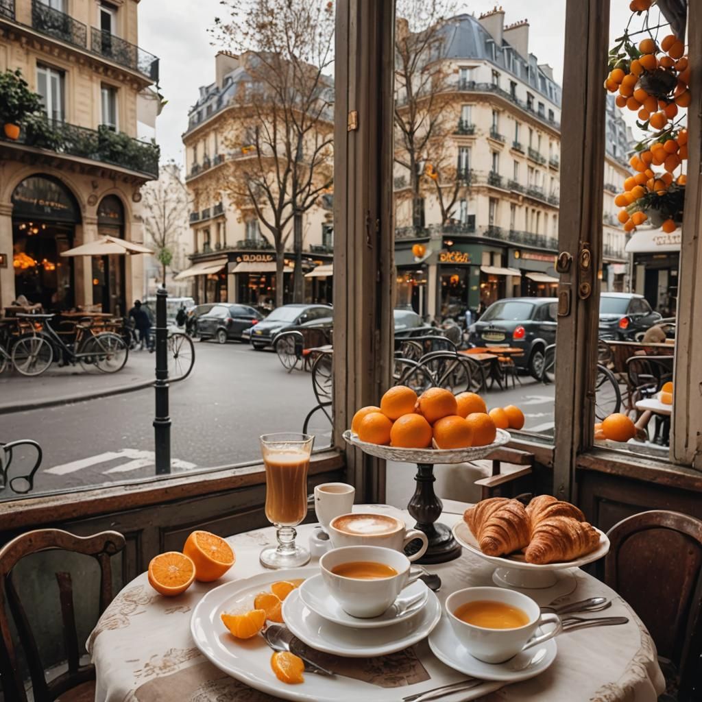 Charming Paris Cafe Scene with Croissant and Coffee