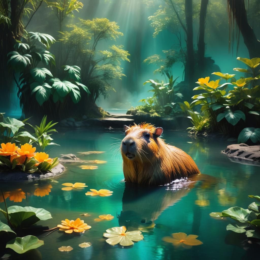 Capybara in Mystical Hot Spring, Matte Painting