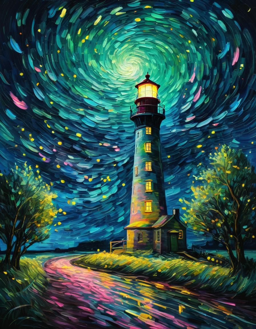 Neon Lighthouse in Van Gogh Style Nocturne