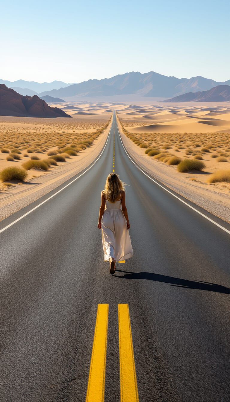 Desert Highway with Woman Walking Towards Oasis