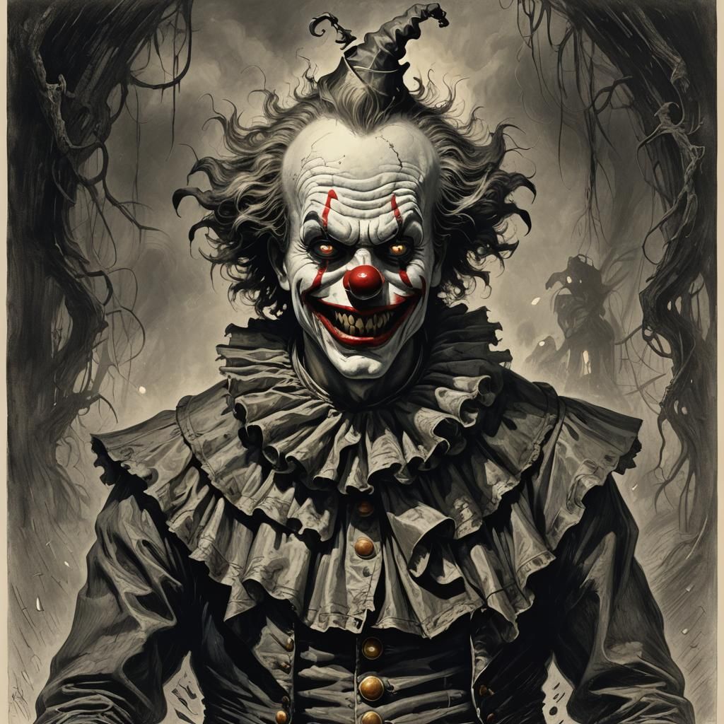 Terrifying Twisted Clown in Dark Horror Style