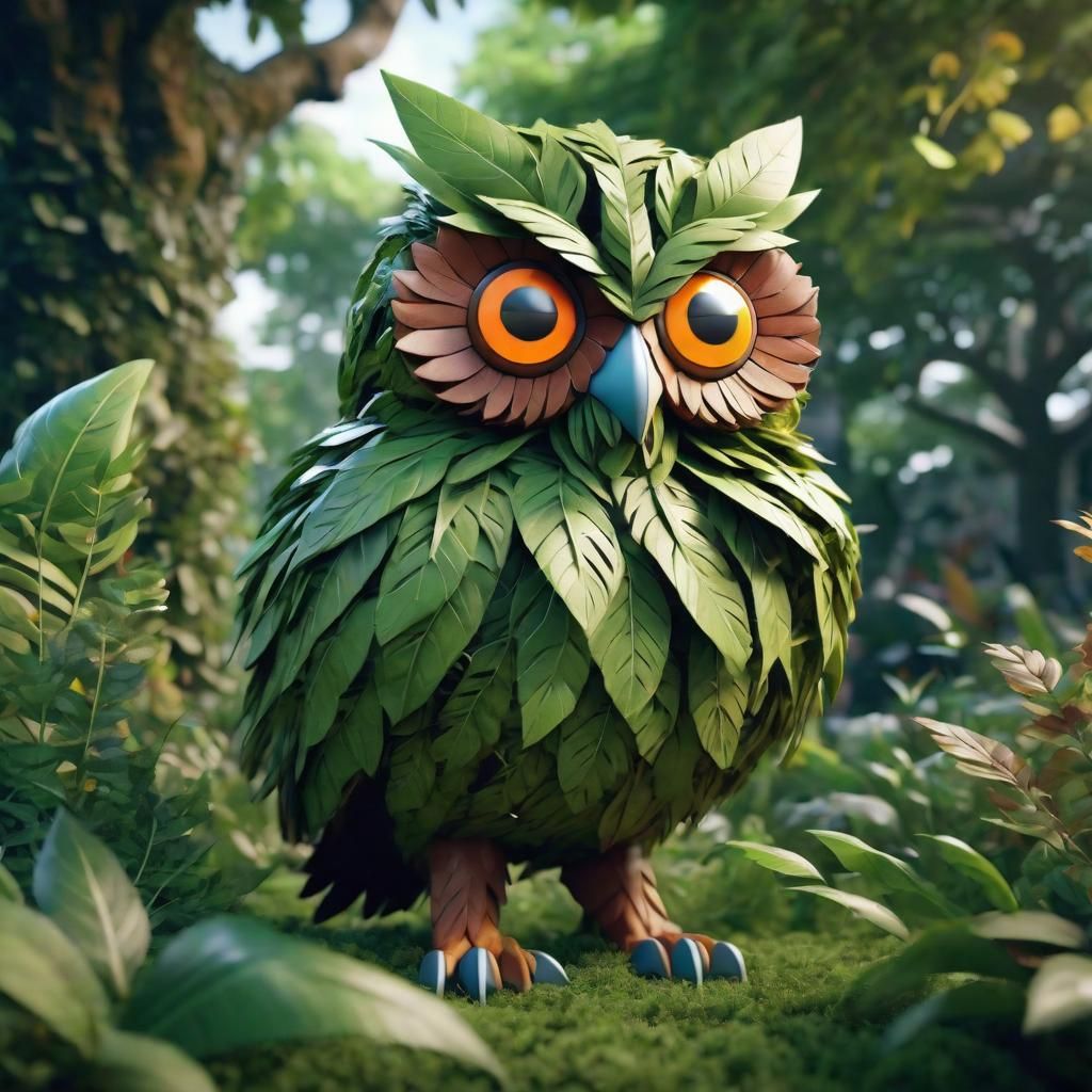 Vibrant Leaf Owl Portrait in Windy Garden
