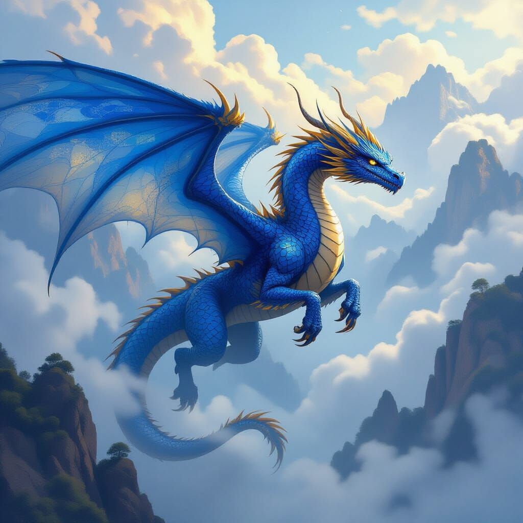 Lapis Dragon Soaring Through Misty Skies