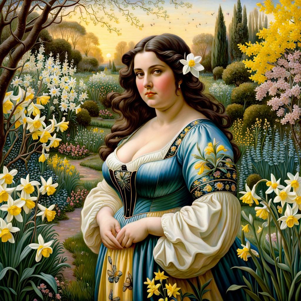 Pre-Raphaelite Woman in Spring Garden at Dawn