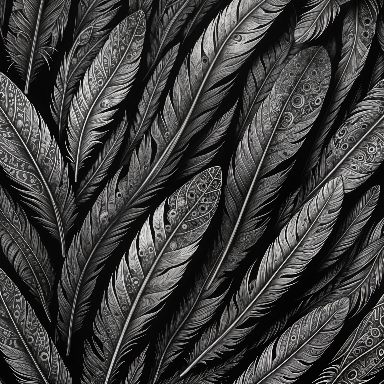 Fractalized Eagle Feathers in Charcoal Drawing