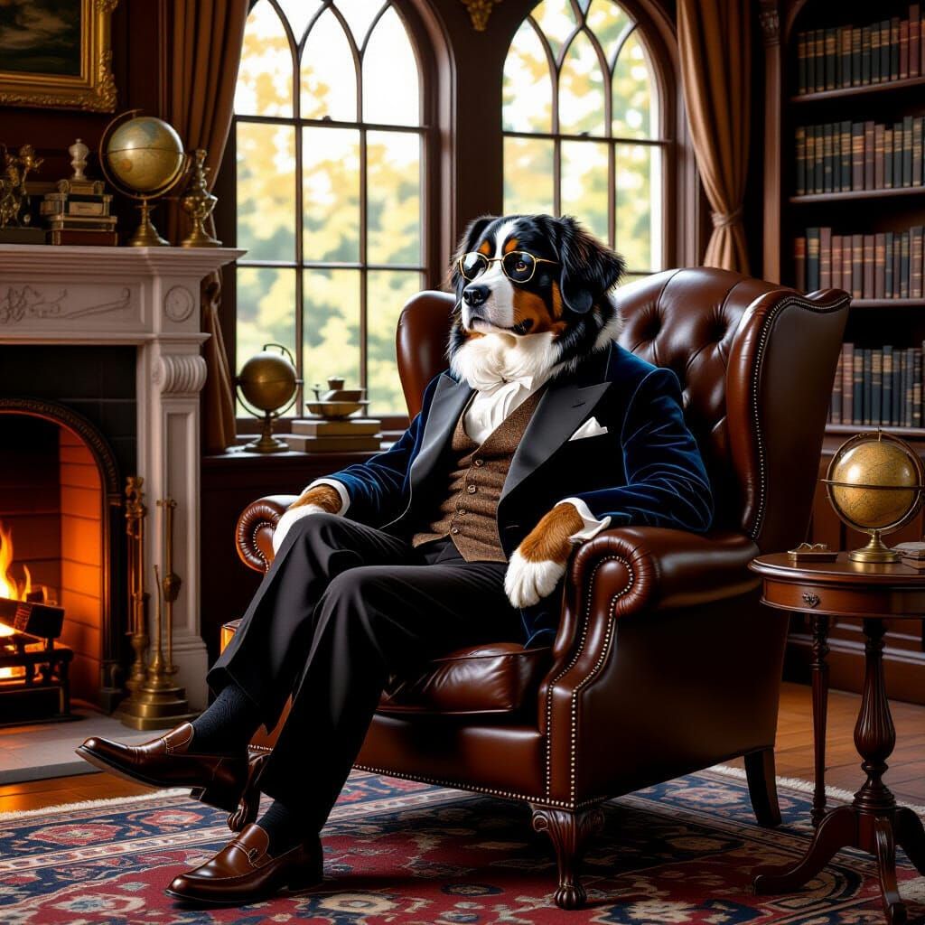 Bernese Mountain Dog Gentleman in an Antique Library