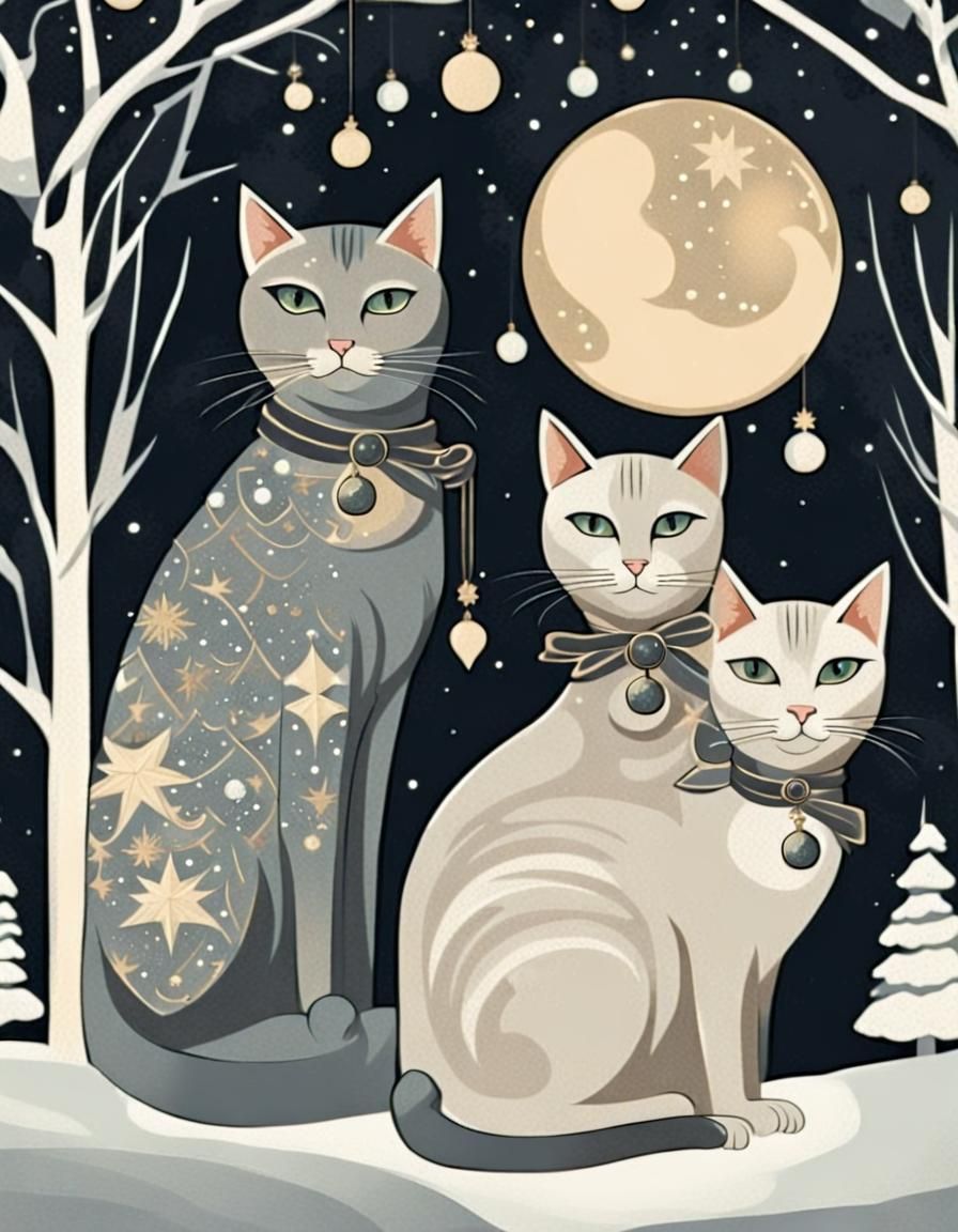 Cats in Christmas Decor, Art Deco Style