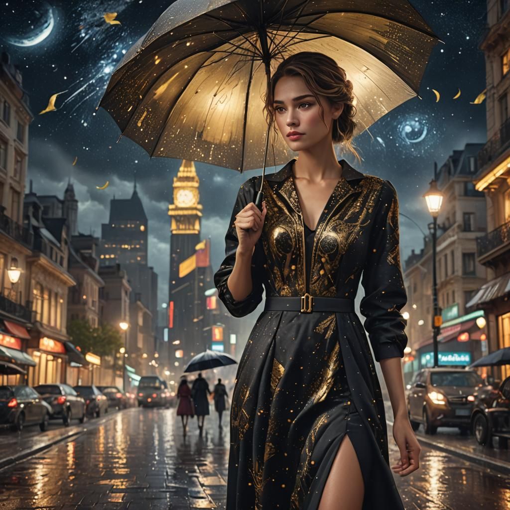 Beautiful Woman in Starry City Nightscape
