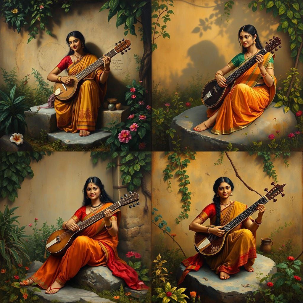 Surreal South Indian Princess Plays Sitar with Elegant Smile