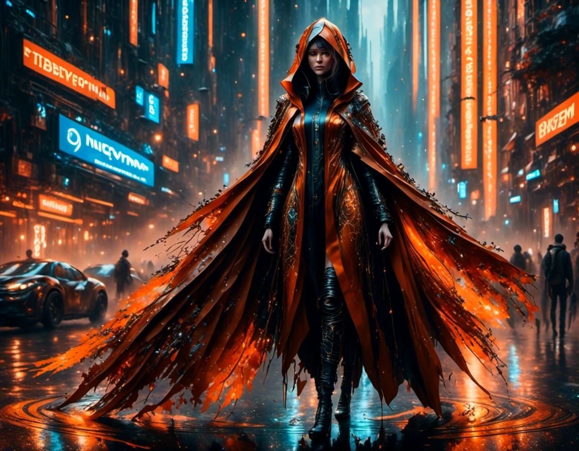 Cyberpunk Woman in Orange Cloak in Futuristic City
