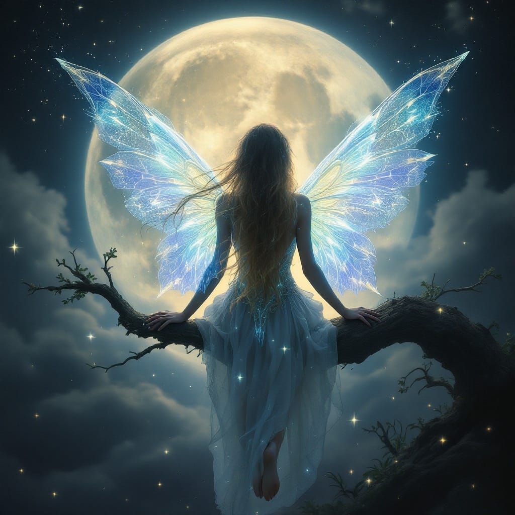 Luminous Fairy Takes Flight in Dreamy Moonlit Scene
