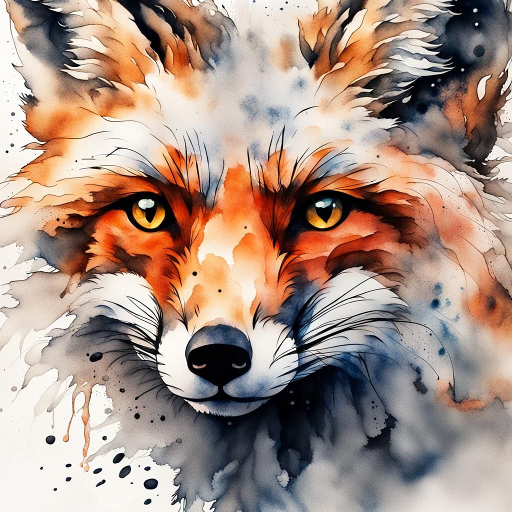 Fluffy Fox in Sumi-e Ink Art Portrait
