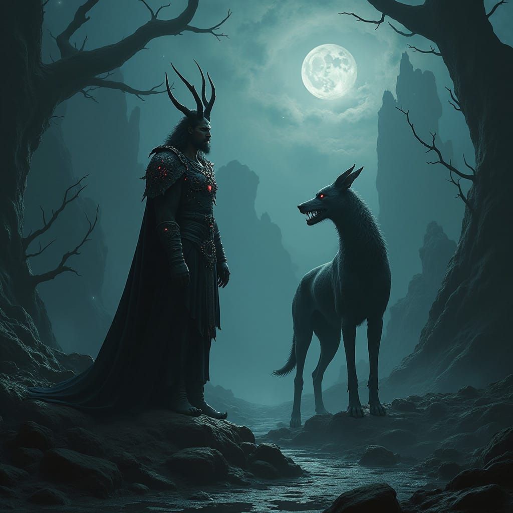 Dark Lord Hades Guards the Underworld with Cerberus