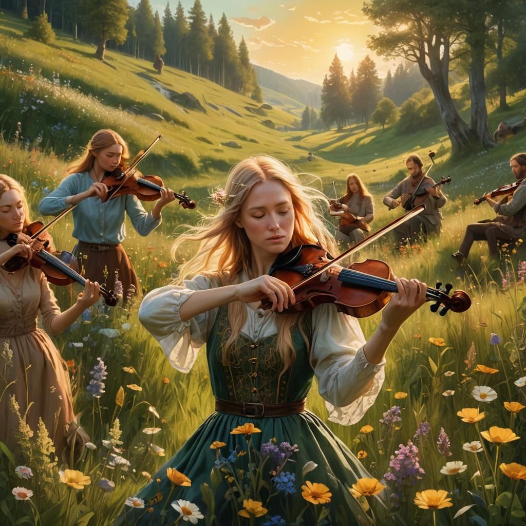Violinist Surrounded by Musicians in Fantasy Landscape