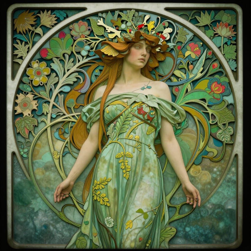 Art Nouveau Masterpiece in Moody Green Hues